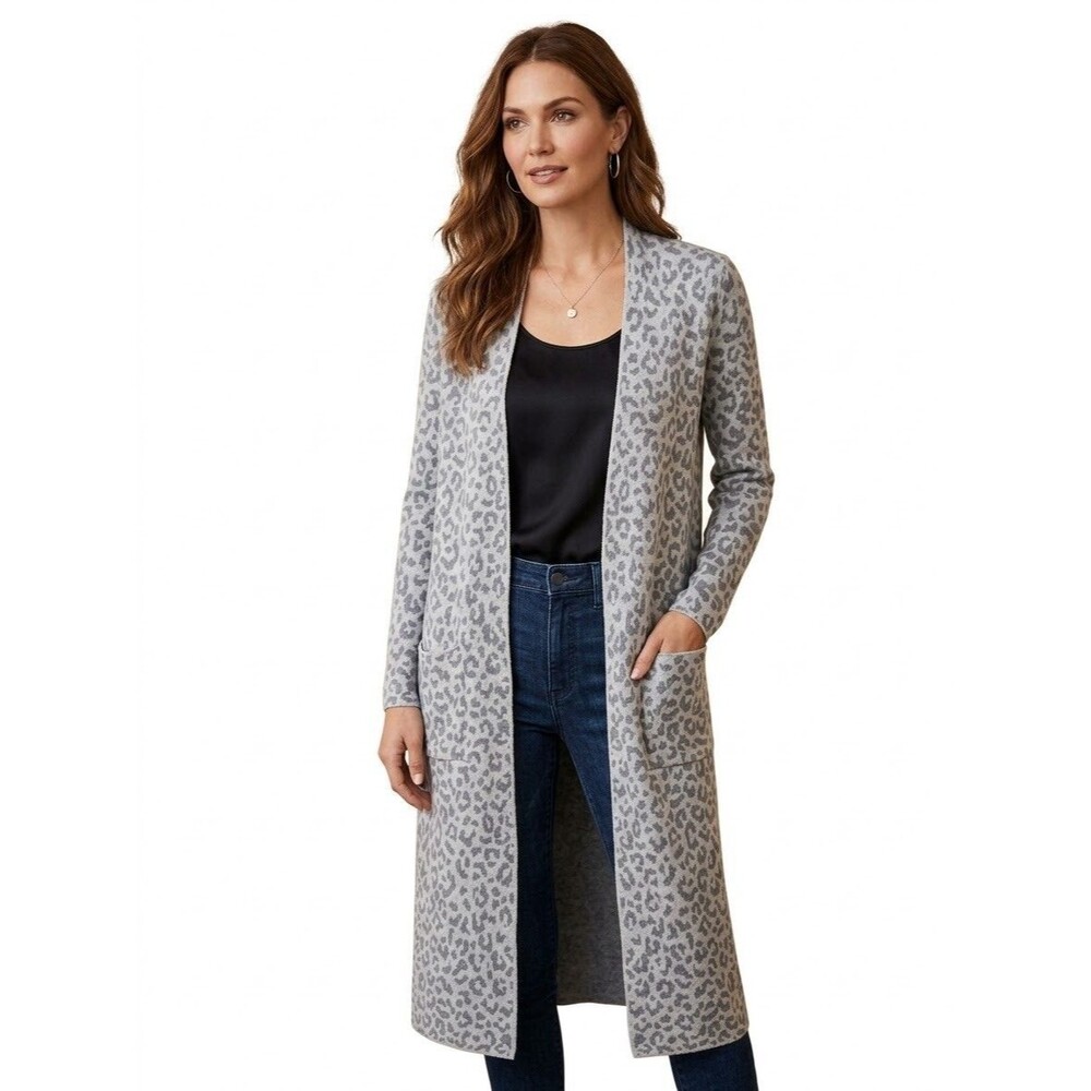 Jessica Simpson Women's Grey Leopard Print Open-Front Cardigan Size Médium